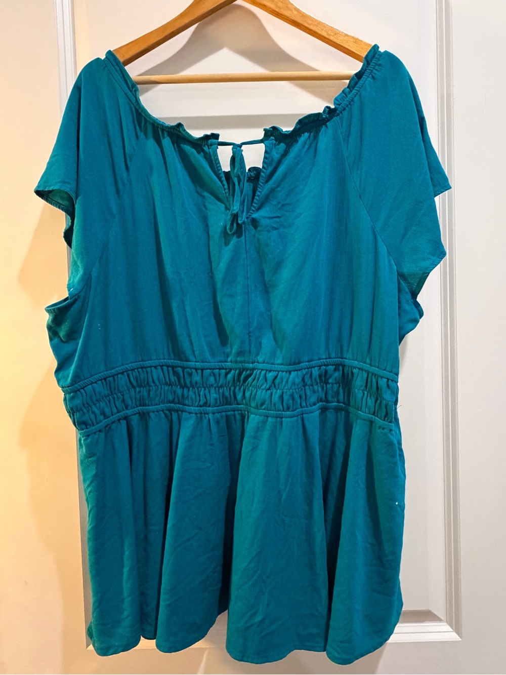 Torrid Size 4 Teal Peasant Top Tie Neck Empire Waist Short Sleeve Blouse